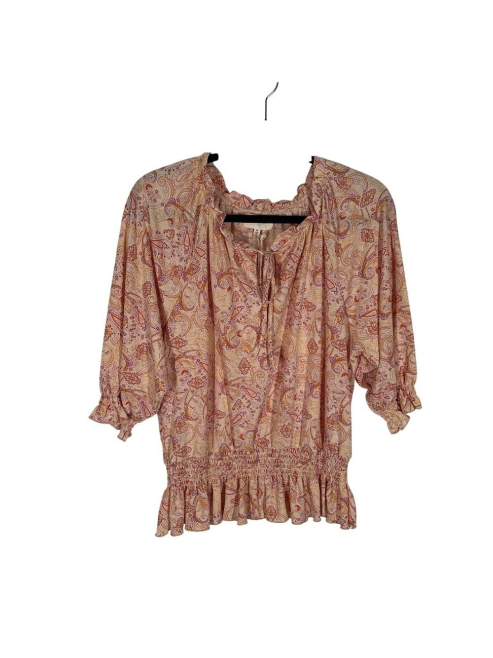 Melloday Womn M Pink Orange Paisley Boho Peasant Tie Neck Smocked Peplum Top NWT